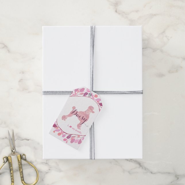 Étiquette de cadeau silhouette de caniche rose pas (Avec de la ficelle)