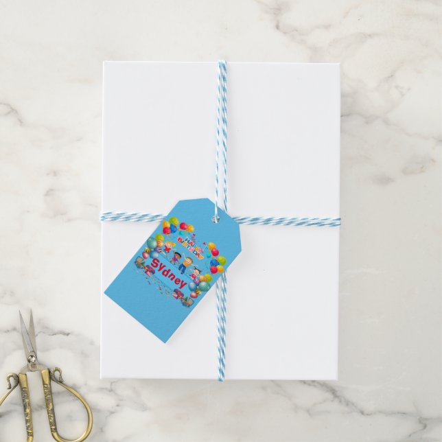 Étiquette de cadeau thème bleu pour Joyeux Anniver (Avec de laficelle)