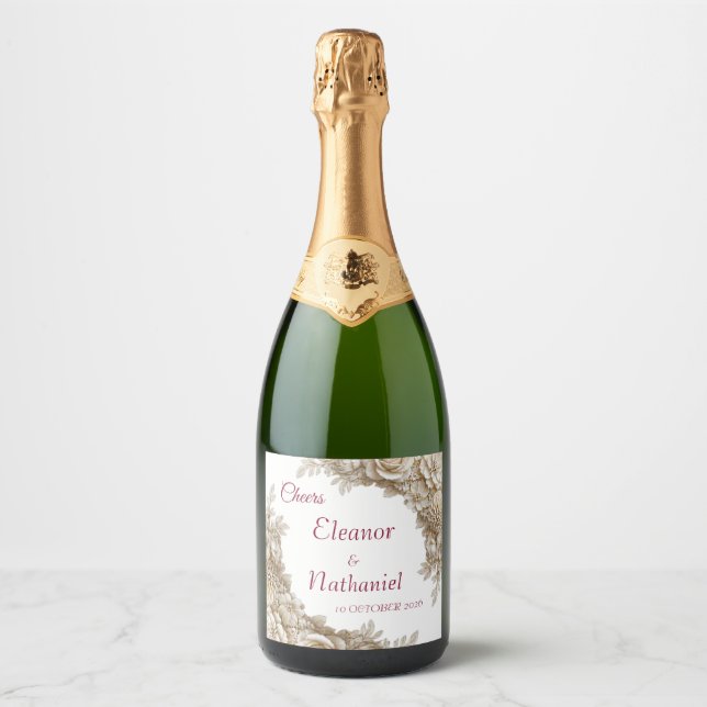 Étiquette de champagne de mariage florale blanche  (Devant)