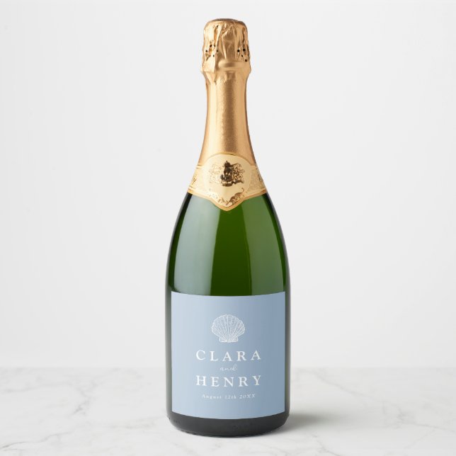 Étiquette de Champagne Mariage Coastal Bleu Poussi (Devant)