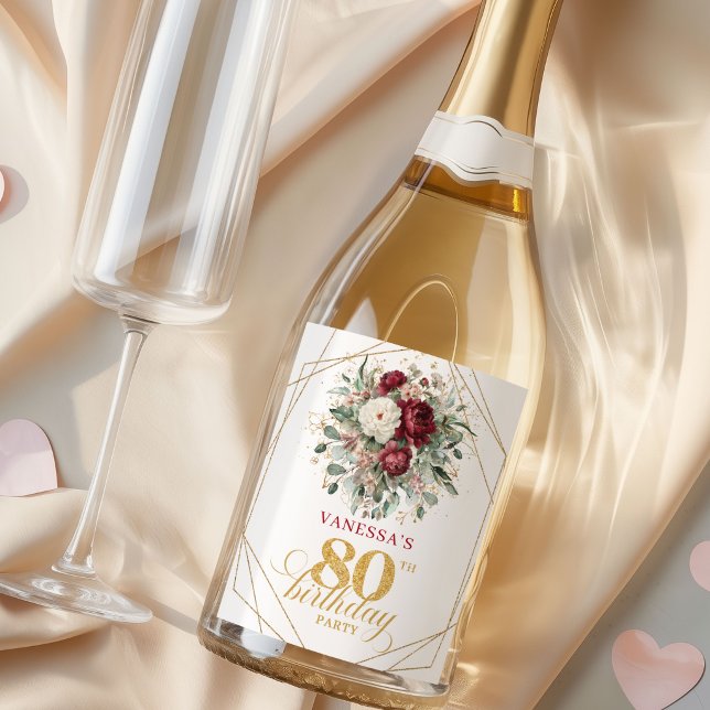 Étiquette de Champagne pour 80e Anniversaire Rusti (Rustic Blush Burgundy 80th Birthday Champagne Labels)