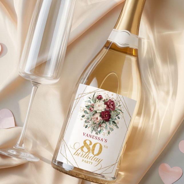 Étiquette de Champagne pour 80e Anniversaire Rusti (Rustic Blush Burgundy 80th Birthday Champagne Labels)