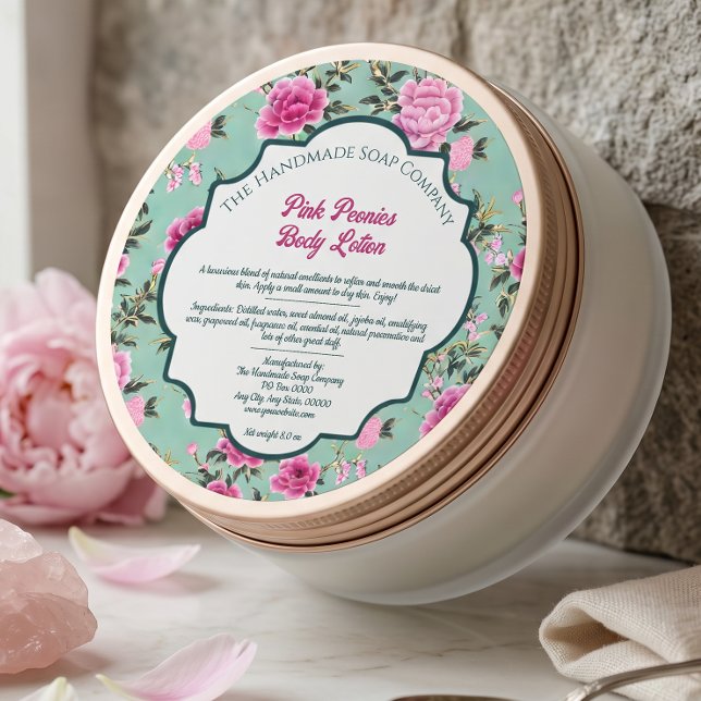 Étiquette de chinoiserie florale verte et rose  (Créateur téléchargé)