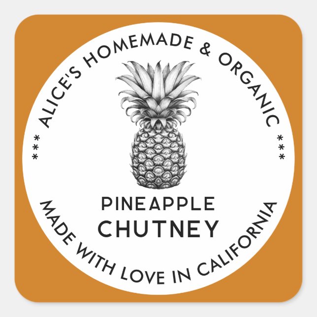 Étiquette de chutney d'ananas en noir et blanc (Devant)