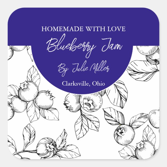 Étiquette de confiture de bleuet noir et blanc fai (Devant)