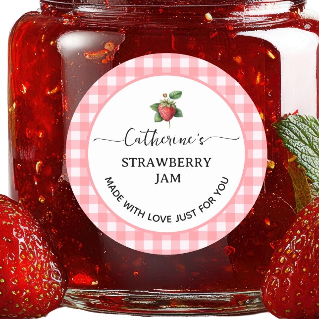 Étiquette de confiture de fraise à carreaux gingha (Créateur téléchargé)