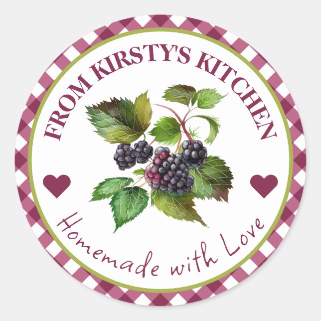 Étiquette de confiture de mûre gingham fait maison (Devant)