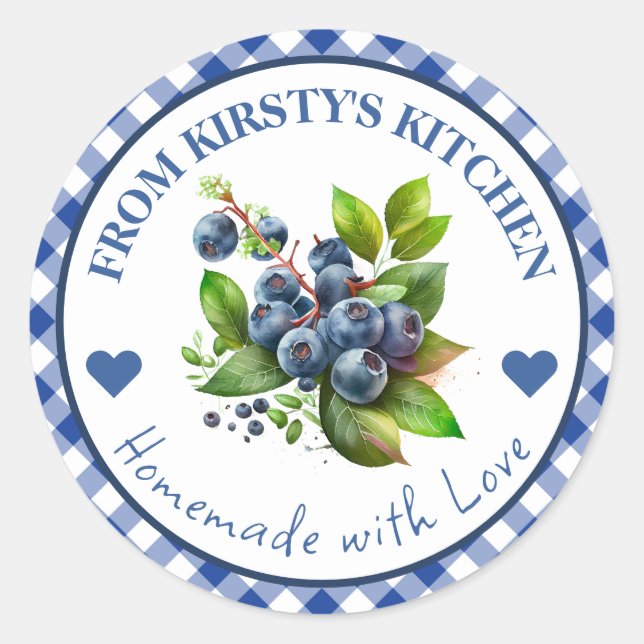 Étiquette de confiture de myrtille à carreaux bleu (Devant)