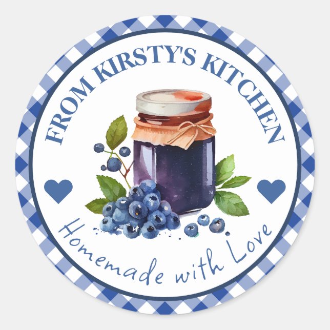 Étiquette de confiture de myrtille à carreaux bleu (Devant)