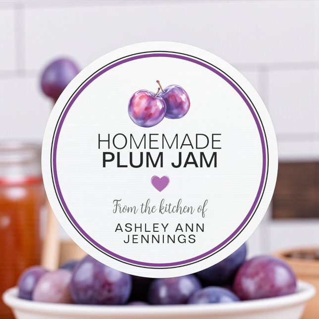 Étiquette de Confiture de Prune Maison | De la Cui (Homemade plum jam label with personalized kitchen name)