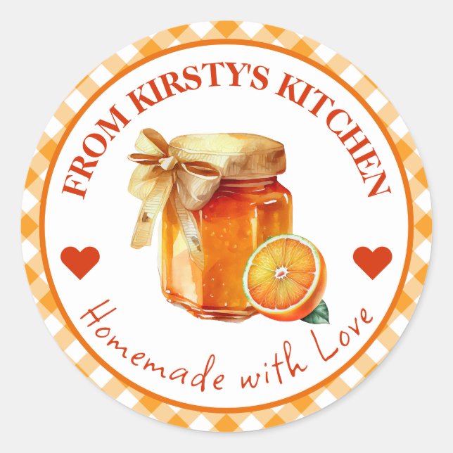 Étiquette de confiture orange gingham fait maison  (Devant)