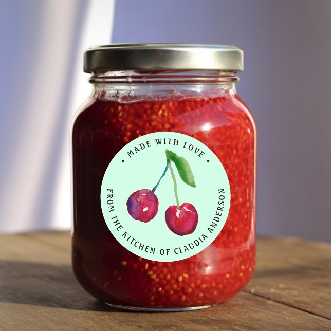 Étiquette de confiture rustique à la cerise à l'aq (This cute cherry label on a lime creme background features my own original watercolor artwork.)