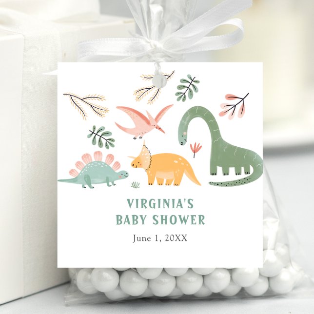 Étiquette de dinosaure favori (Cute Dinosaur Square Baby Shower Favor Tag by Painted Paperie)