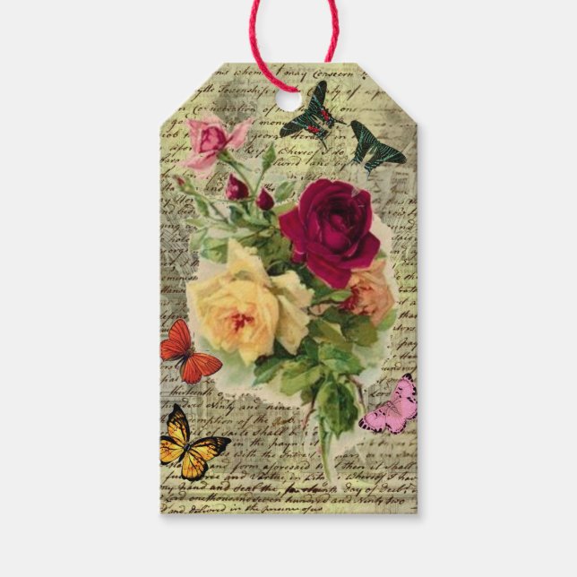 Étiquette de don d'éphémère Roses et Papillons Vin (Devant)