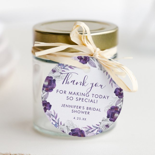 Étiquette de douche de mariage floral à l'aquarell (Purple and Silver Watercolor Floral Bridal Shower Favor Tags)