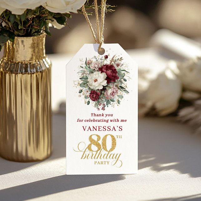 Étiquette de faveur d'anniversaire 80 ans Chic Bou (Chic Burgundy Blush Floral 80th Birthday Favor Tags)