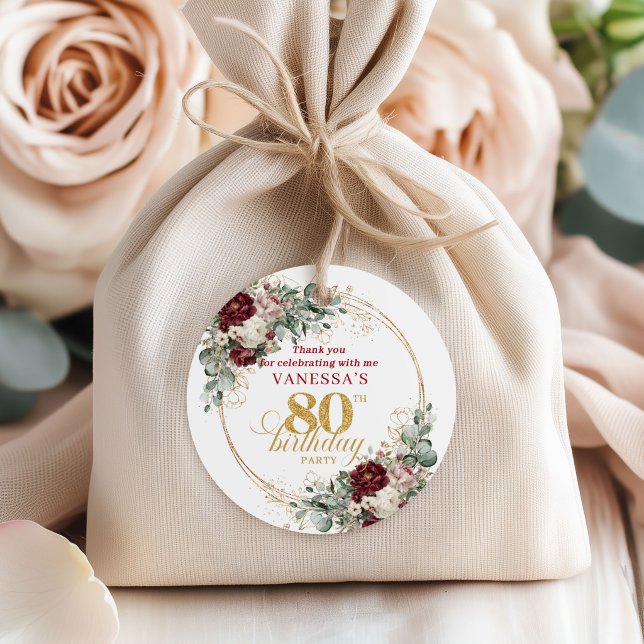 Étiquette de faveur d'anniversaire 80 ans Chic Bou (Chic Burgundy Blush Floral 80th Birthday Favor Tags)