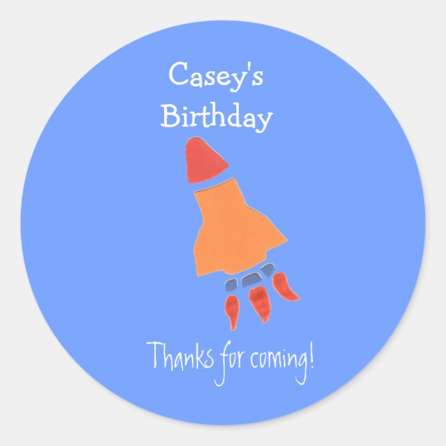 Étiquette de faveur d'anniversaire de fusée bleue (Devant)