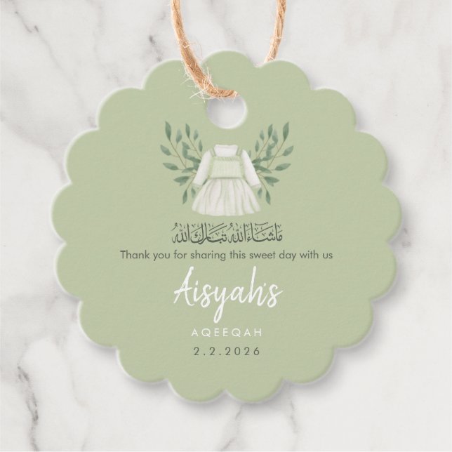 Étiquette de faveur d'Aqiqah vert sauge - Étiquett (Devant)
