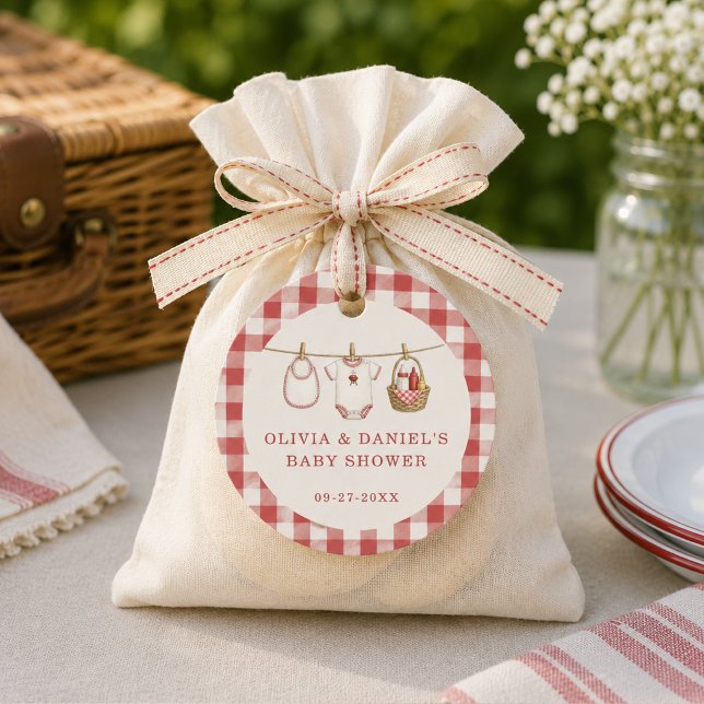Étiquette de faveur de Baby-Q Gingham Rouge pour B (Créateur téléchargé)