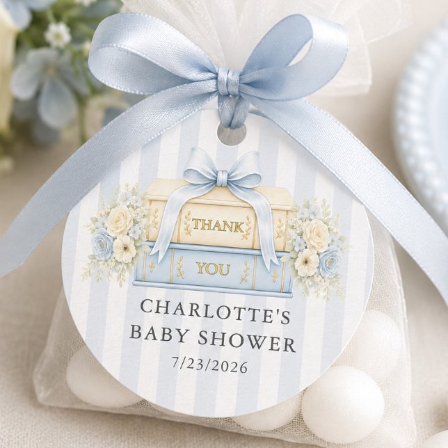 Étiquette de faveur de Baby Shower à rayure bleue (Créateur téléchargé)