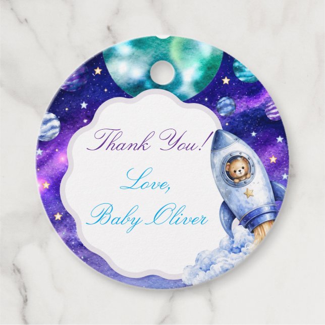 Étiquette de faveur de Baby Shower Fusée Ours en T (Devant)