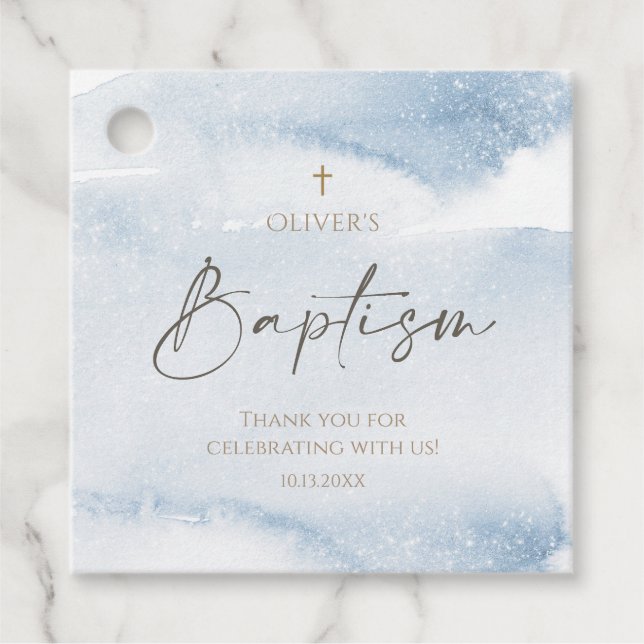 Étiquette de faveur de baptême de garçon à l'aquar (Devant)