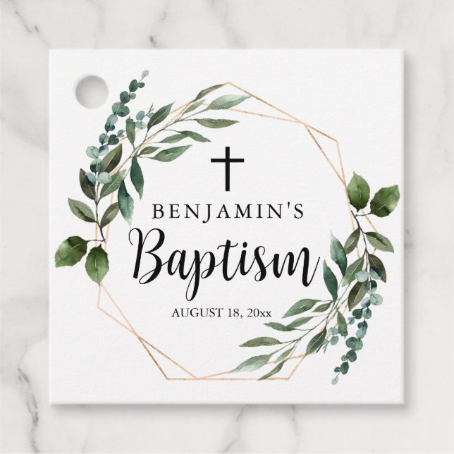Étiquette de faveur de baptême en or de feuillage  (Devant)