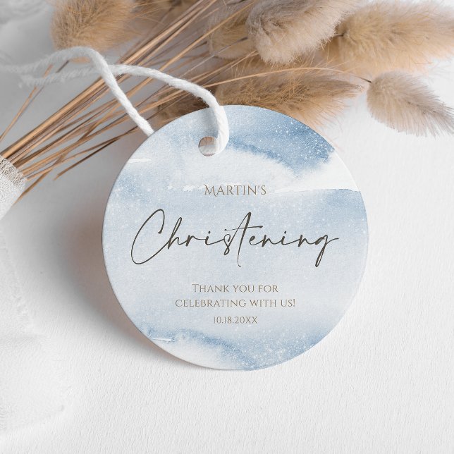 Étiquette de faveur de baptême garçon aquarelle bl (Blue Watercolor Boy Christening Favor Tag)