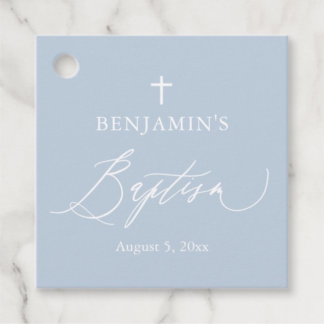Étiquette de faveur de baptême garçon croix blanch (Devant)
