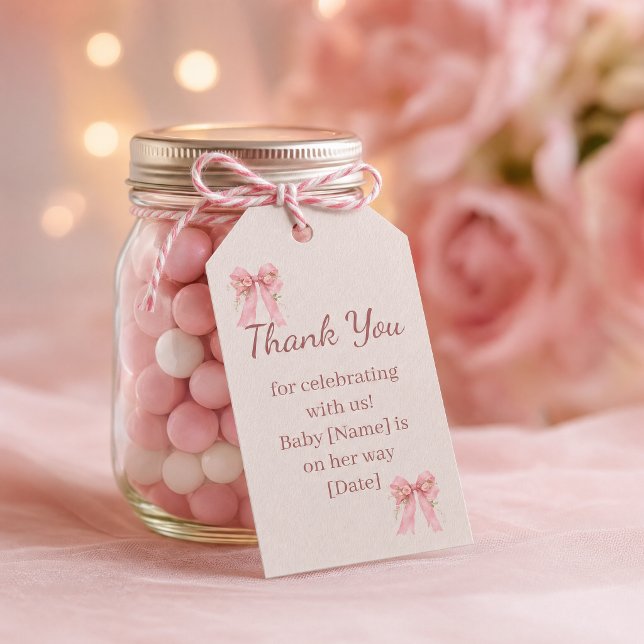 Étiquette de faveur de douche bébé à ruban rose (Créateur téléchargé)