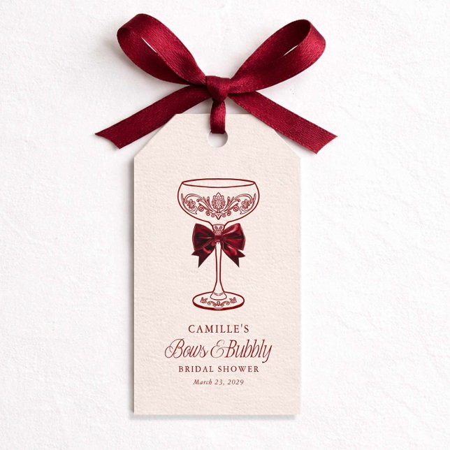 Étiquette de faveur de douche de mariée arcs et pé (Red Bows and Bubbly Favor Tags)