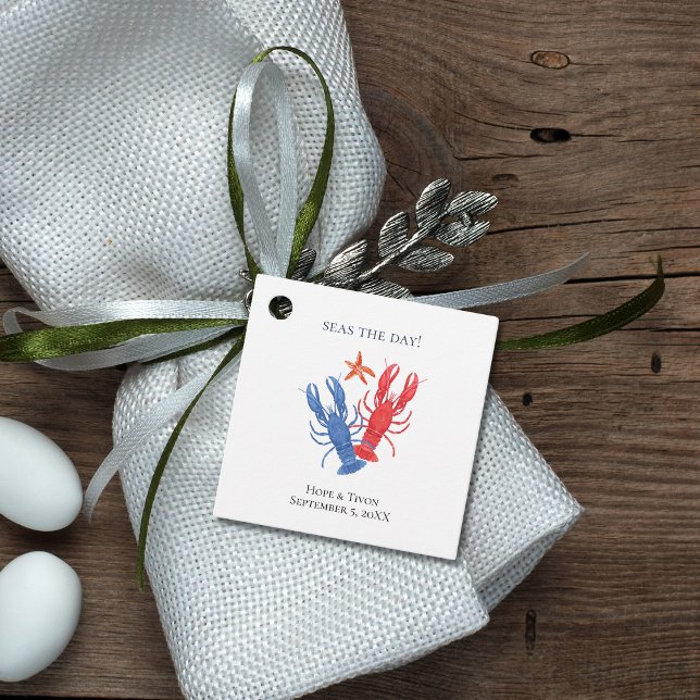 Étiquette de faveur de homard rouge bleu nautical (Créateur téléchargé)