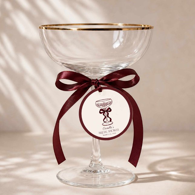 Étiquette de faveur de mariage avec nœud bourguign (Burgundy Bow Bubbly Bridal Shower Circle Favor Tag)