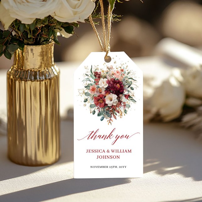 Étiquette de faveur de mariage chic bordeaux or fl (Chic Burgundy Gold Floral Fall wedding favor tag

)