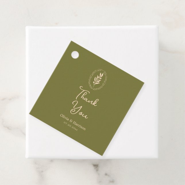 Étiquette de faveur de mariage vert olive toscan é (En situation)