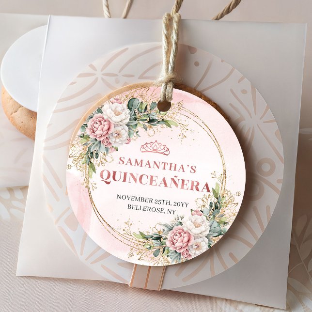 Étiquette de faveur de rose dorée rose pêche Eucal (Blush Pink Rose Gold Eucalyptus Quince Favor Tag)