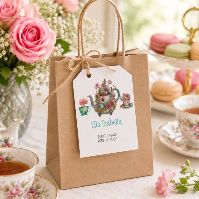 Étiquette de faveur de théière florale vintage per (Créateur téléchargé)