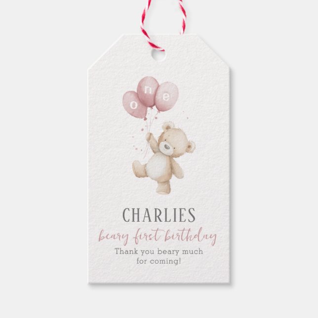 Étiquette de faveur d'ours rose pour le 1er annive (Devant)