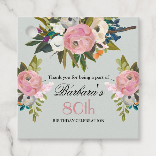 Étiquette de faveur élégante florale 80e anniversa (Devant)