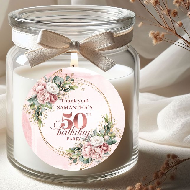 Étiquette de fête d'anniversaire 50 ans Chic Blush (Chic Blush Pink Greenery 50th Birthday Party Stickers)