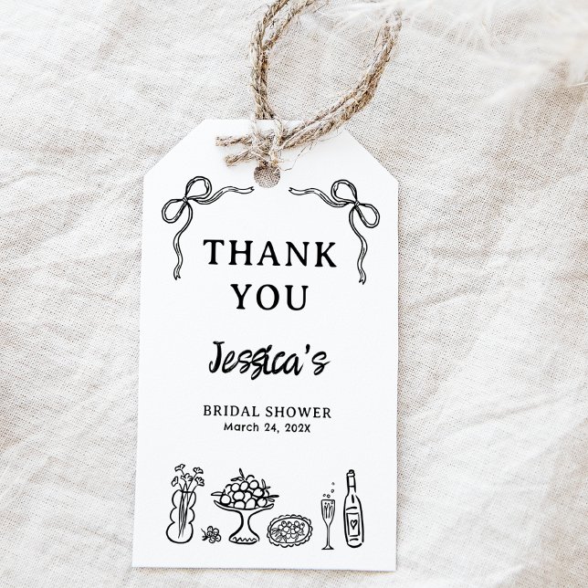 Étiquette de Fête de Mariage Fantaisiste à la Main (Black Hand Drawn Whimsical Bridal Shower Tag, Whimsical Illustration Bridal Shower Tag Bow Food )