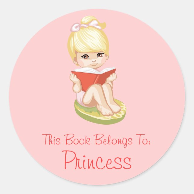 Étiquette de fille de dessin animé lisant un livre (Devant)