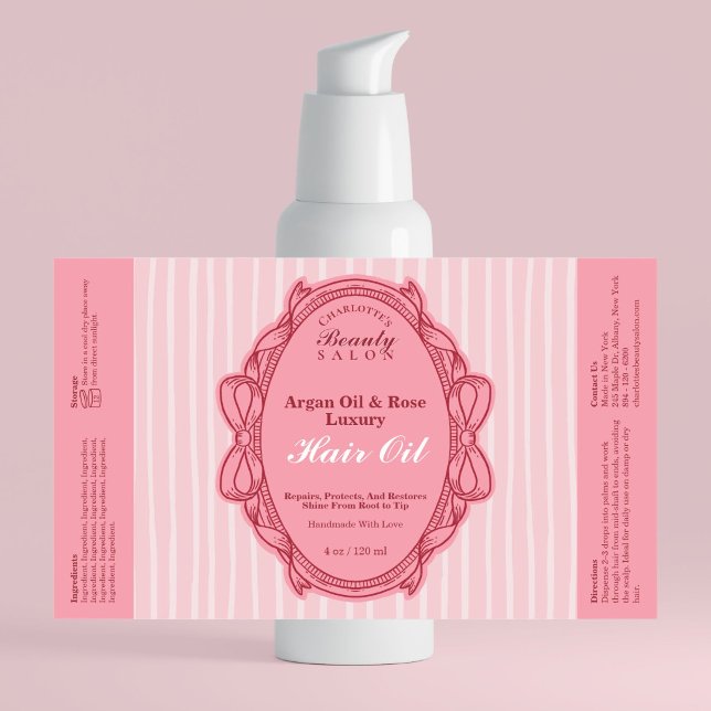 Étiquette de flacon d'huile de beauté à cadre à ru (Pink Bow Frame Beauty Oil Bottle Label)