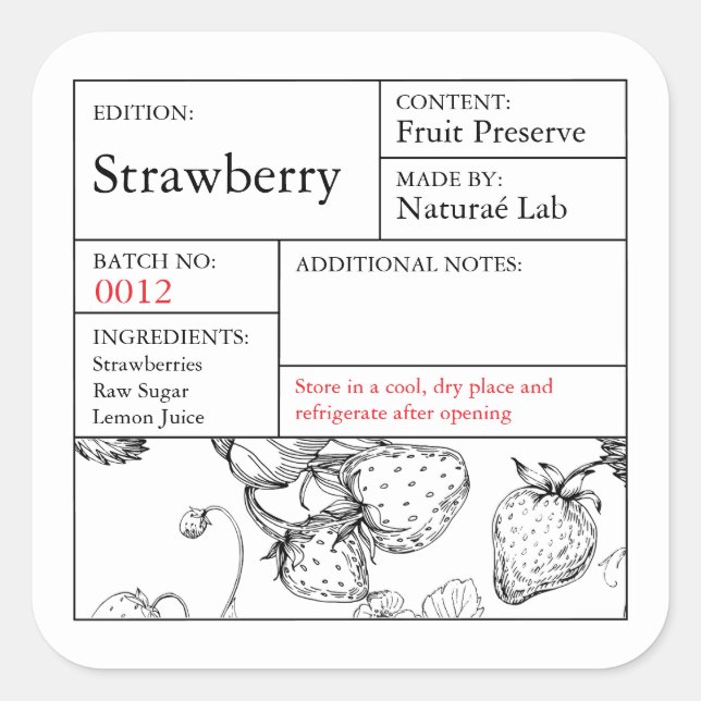 Étiquette de fraises noir et blanc (Devant)