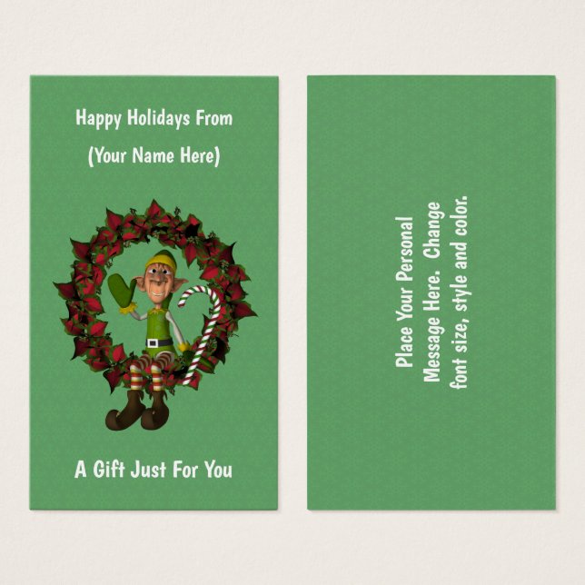 Étiquette de la carte cadeau de Noël Elf On Wreath (Devant & derrière)