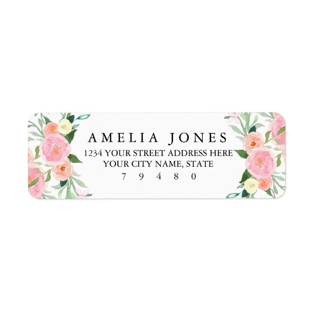 Étiquette de l'adresse de retour d'aquarelle rose  (Devant)