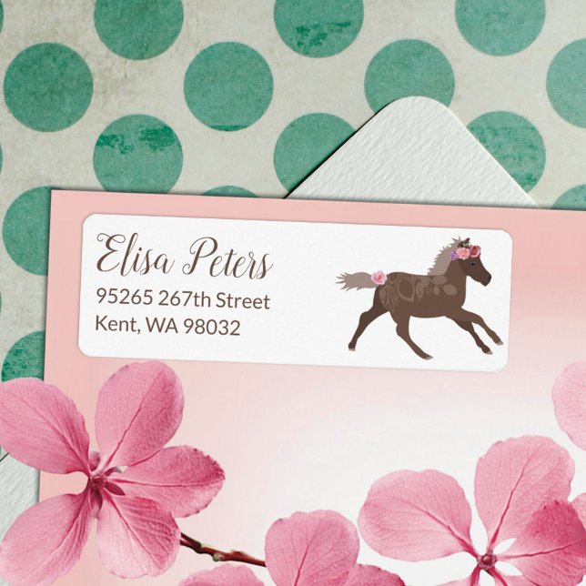 Étiquette de l'adresse de retour de rose pâle (galloping brown pony wearing pink roses on head pony ride birthday party theme address label mailing)