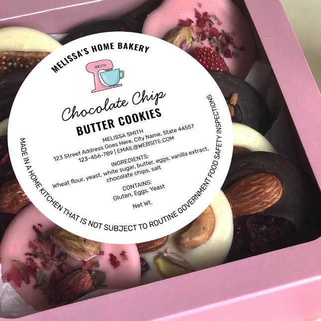 Étiquette de licence alimentaire de boulangerie à  (Trendy home bakery food labels with ingredients, contact details and a cute mixer clip art )