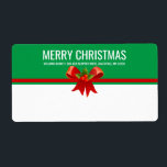 Étiquette de livraison Red Green & White Christmas<br><div class="desc">Une frise festive rouge et verte au sommet est ornée d'un grand arc rouge avec un saint. Joyeux Noël est écrit en caractères blancs gras et votre adresse de retour est ci-dessous. Festive vacances expédition étiquette fera ressortir votre colis à son arrivée. Facile à customiser tout le texte.</div>